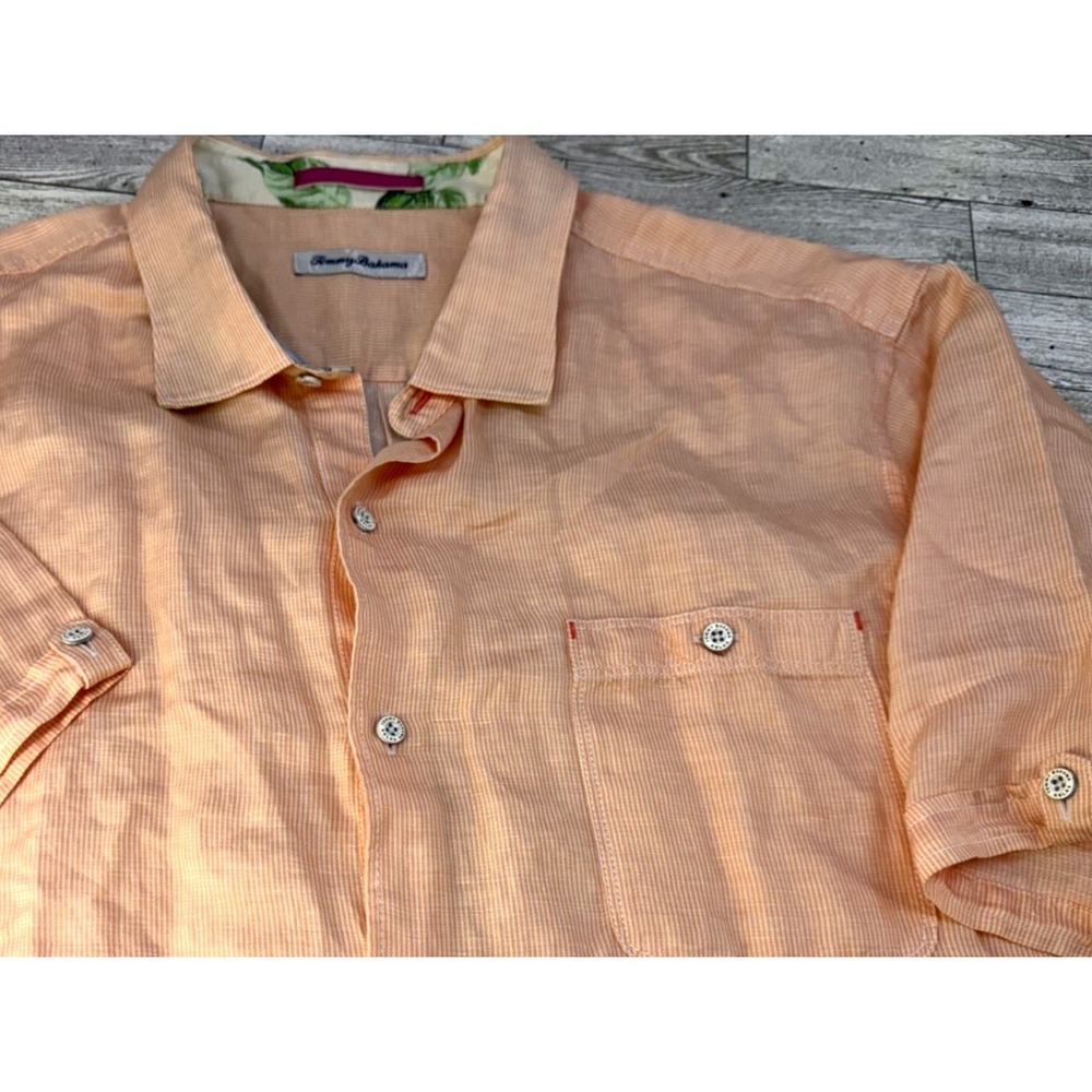 Tommy Bahama Shirt Mens Peach Striped Linen Short Sleeve Button Up Collar XXL